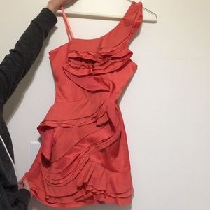 BCBG one shoulder ruffled coral “Jonesy” dress